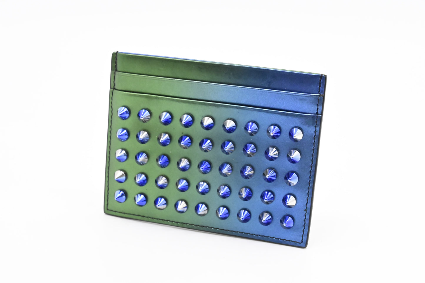 Louboutin Studded Card Case in Blue and Green Leather