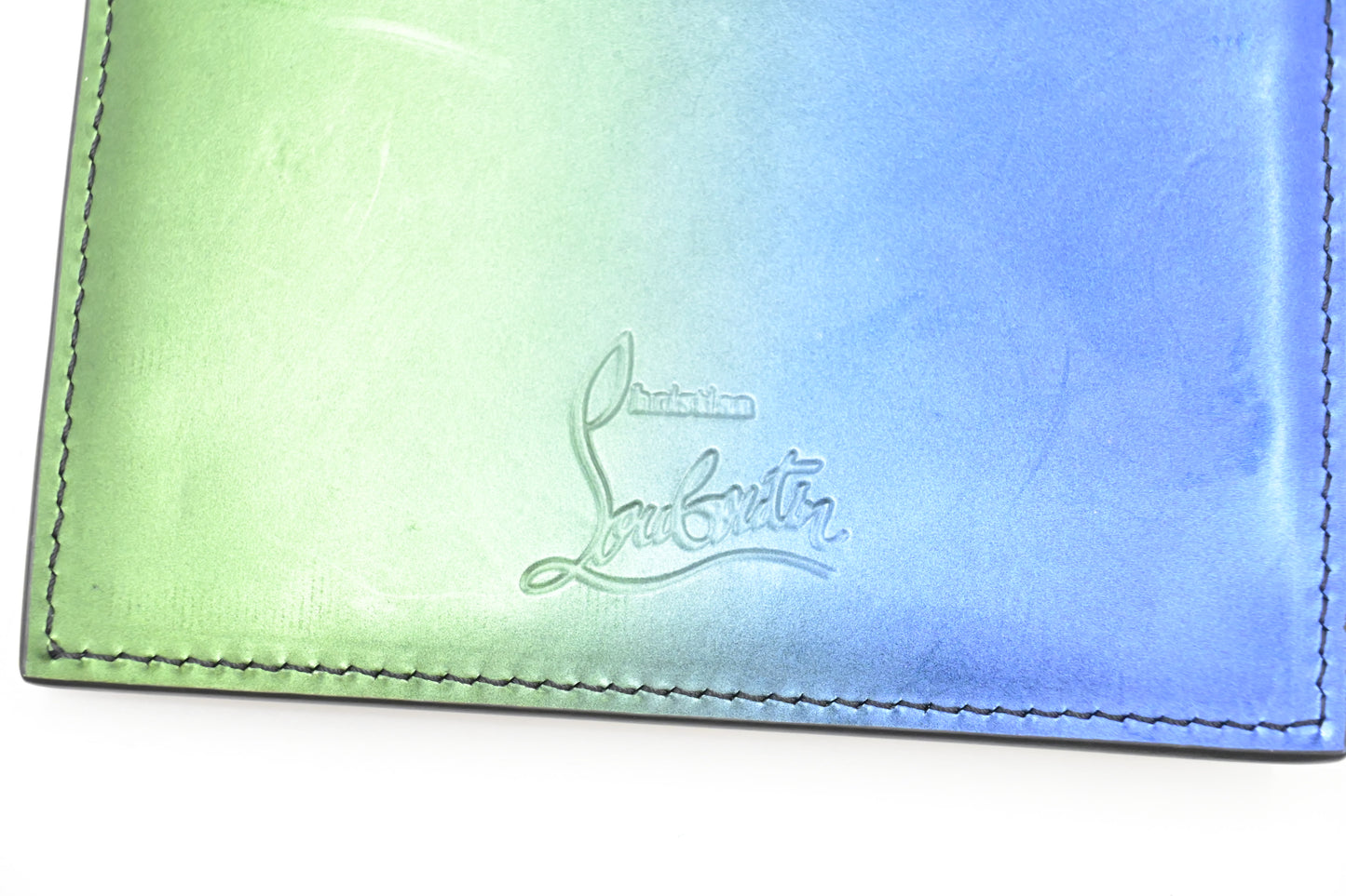 Louboutin Studded Card Case in Blue and Green Leather