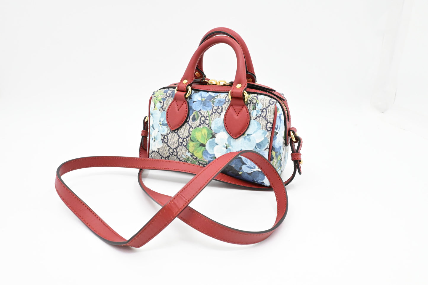 Gucci Mini Boston Bag in Blue Blooms GG Canvas & Red Leather