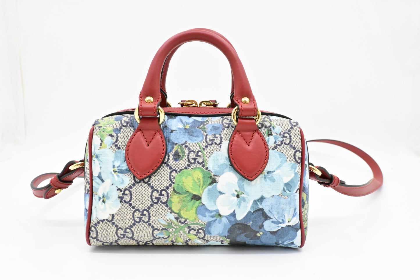 Gucci Mini Boston Bag in Blue Blooms GG Canvas & Red Leather