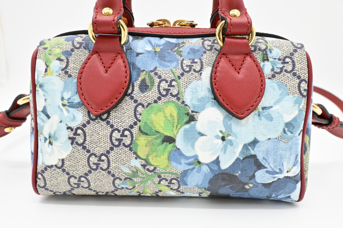 Gucci Mini Boston Bag in Blue Blooms GG Canvas & Red Leather