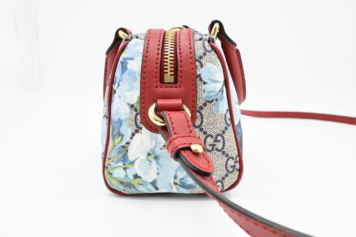 Gucci Mini Boston Bag in Blue Blooms GG Canvas & Red Leather