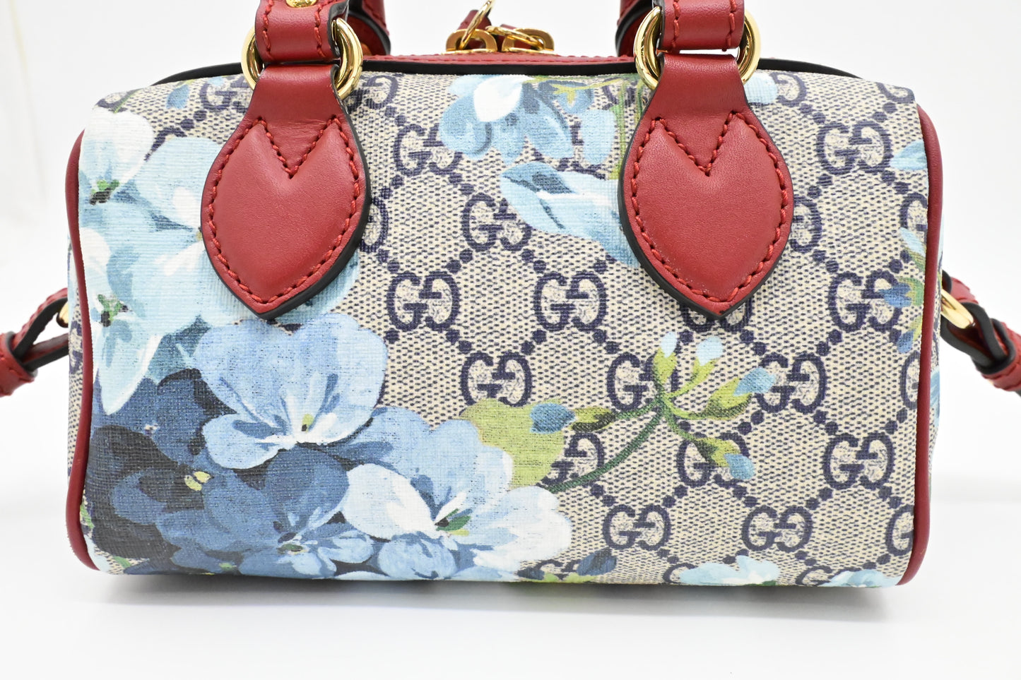 Gucci Mini Boston Bag in Blue Blooms GG Canvas & Red Leather