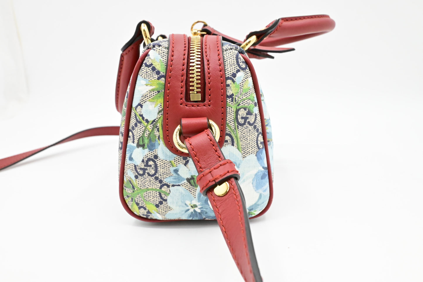 Gucci Mini Boston Bag in Blue Blooms GG Canvas & Red Leather