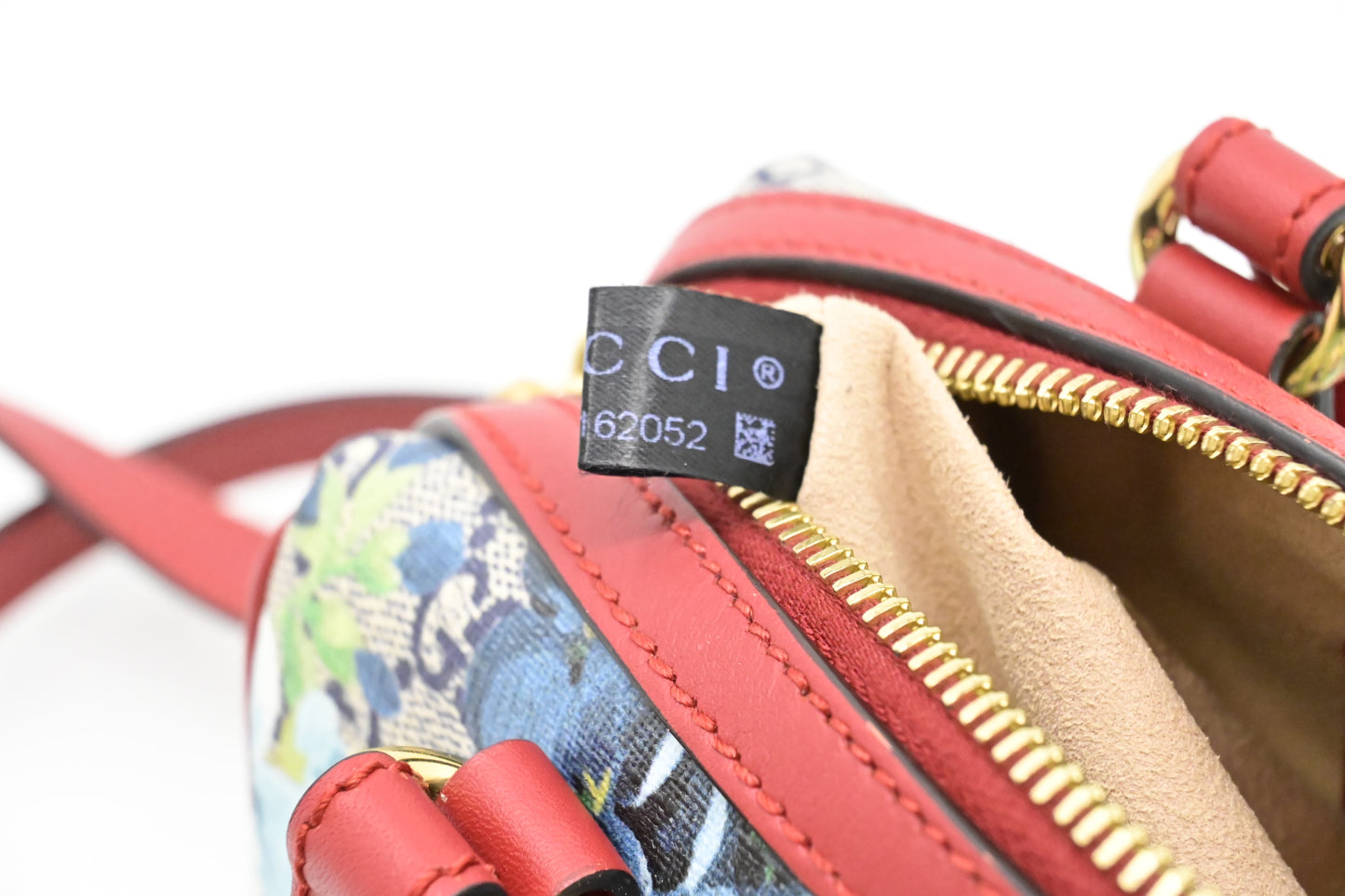 Gucci Mini Boston Bag in Blue Blooms GG Canvas & Red Leather