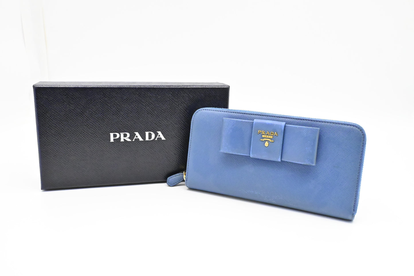 Prada Long Bow Wallet in Blue Saffiano Leather