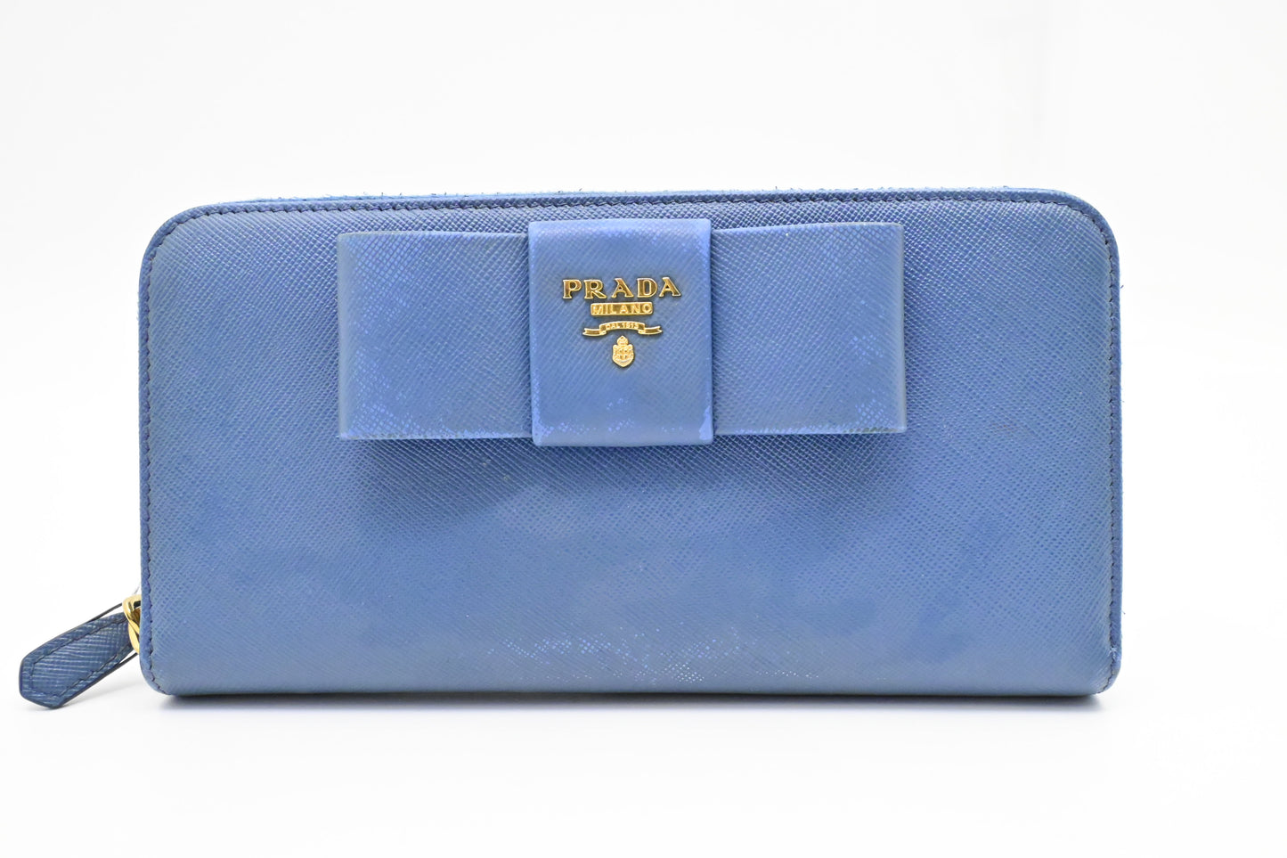 Prada Long Bow Wallet in Blue Saffiano Leather