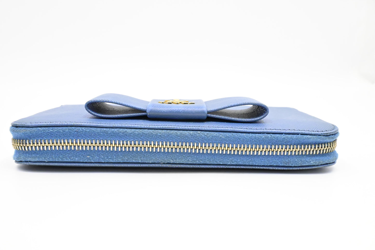 Prada Long Bow Wallet in Blue Saffiano Leather