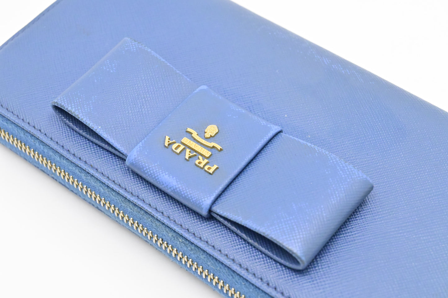 Prada Long Bow Wallet in Blue Saffiano Leather