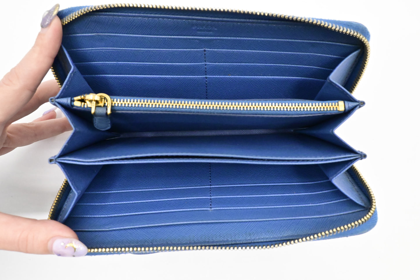 Prada Long Bow Wallet in Blue Saffiano Leather