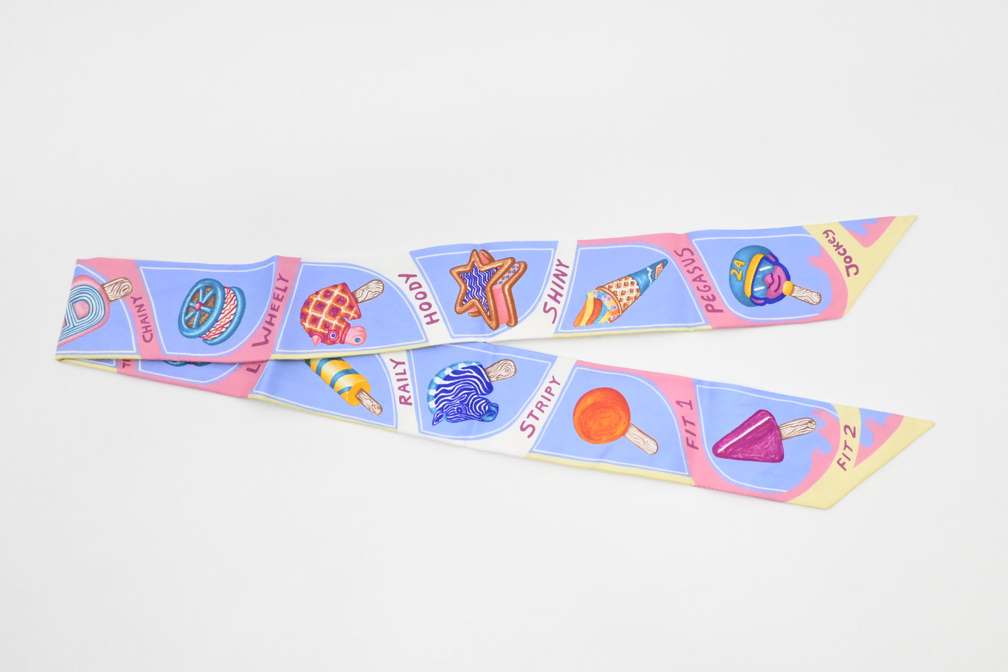 Hermes 'Funny Ice Cream' Twilly in Blue, Pink, and Yellow Silk