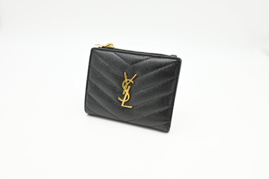 YSL Saint Laurent Compact Wallet in Black Pebbled Leather