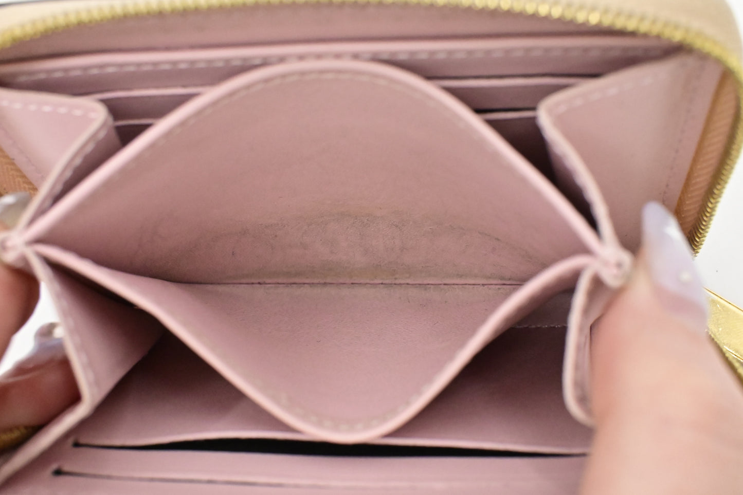 Louis Vuitton Compact Zippy Wallet in Beige and Pink Rayures Vernis Leather