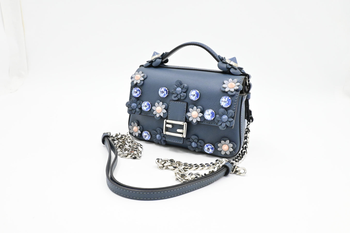 Fendi Flowerland Double Micro Baguette in Blue Leather