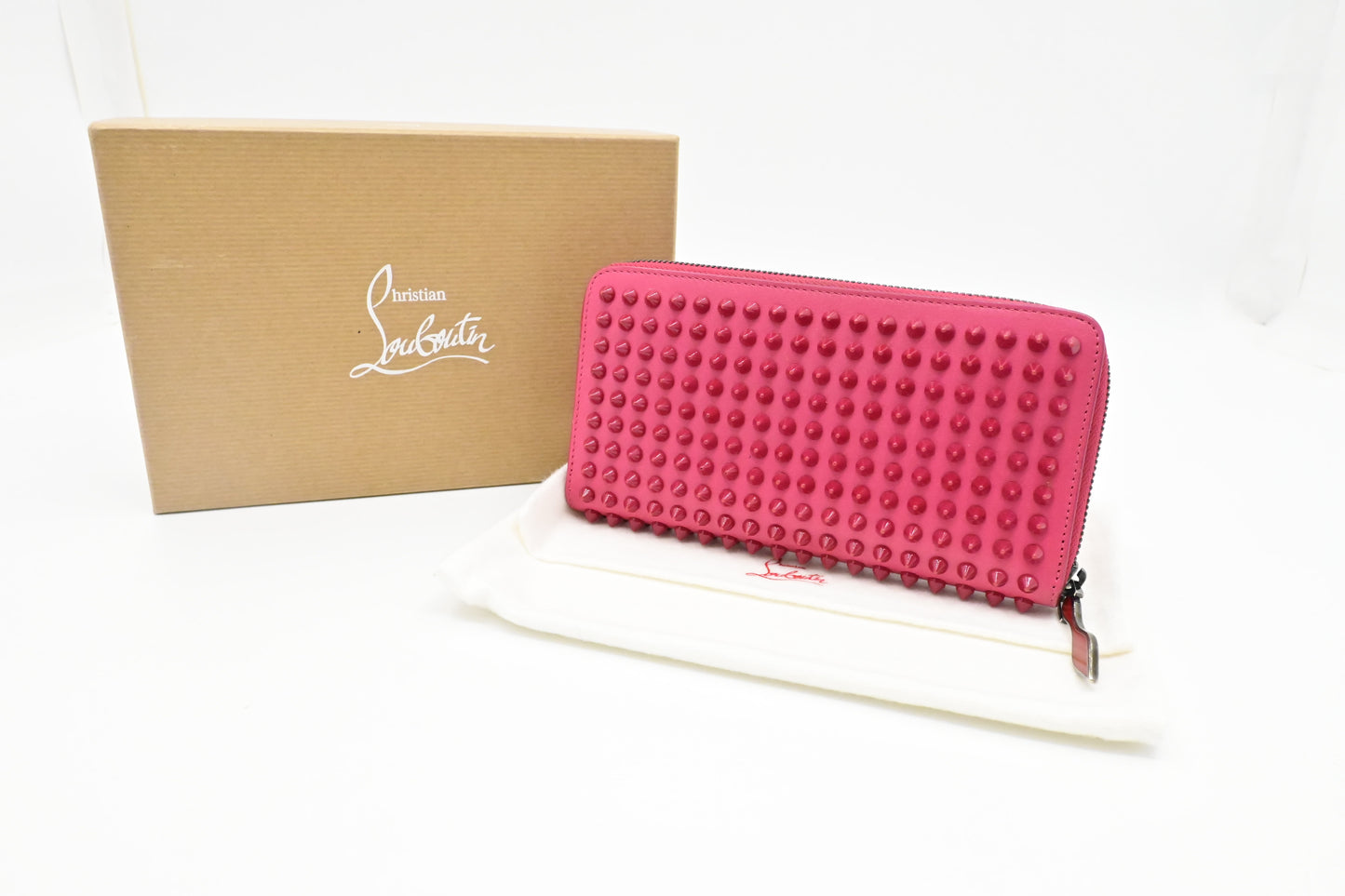 Louboutin Studded Long Zippy Wallet in Pink Leather