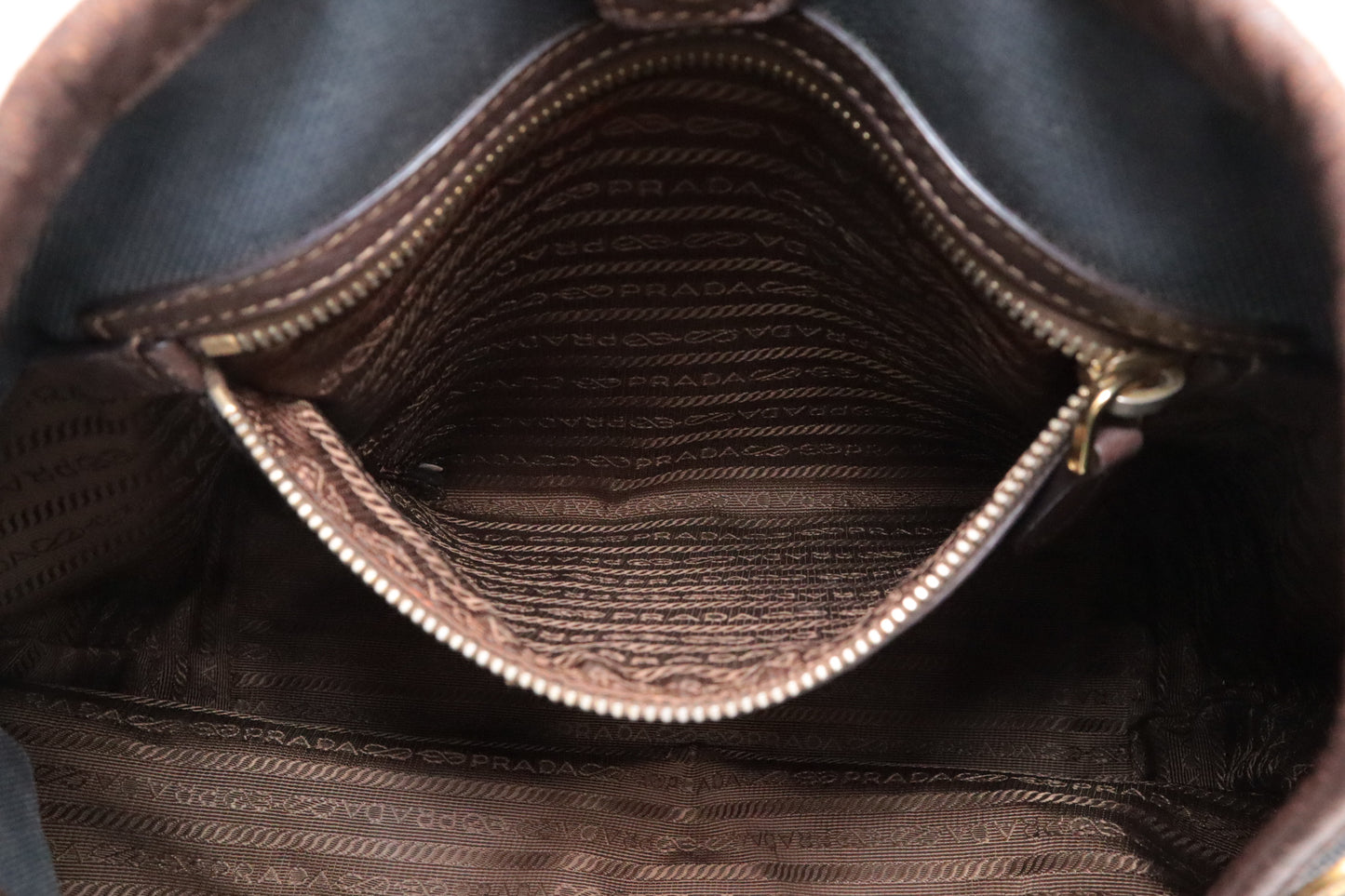 Prada Logo Handbag in Brown Leather and Navy Canvas
