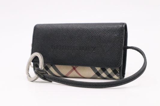 Burberry 4 Key Case in Beige Check Canvas and Black Leather