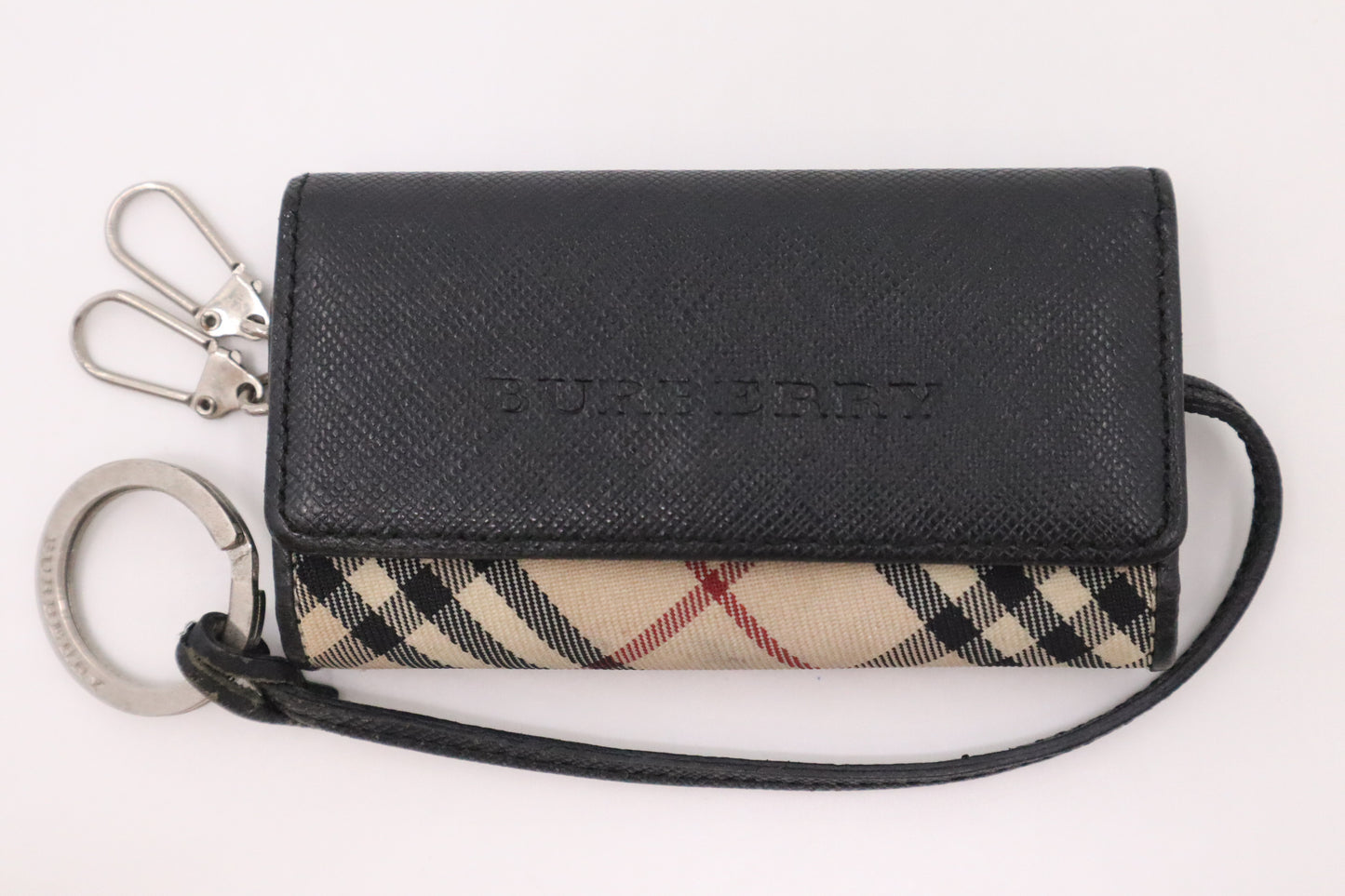 Burberry 4 Key Case in Beige Check Canvas and Black Leather