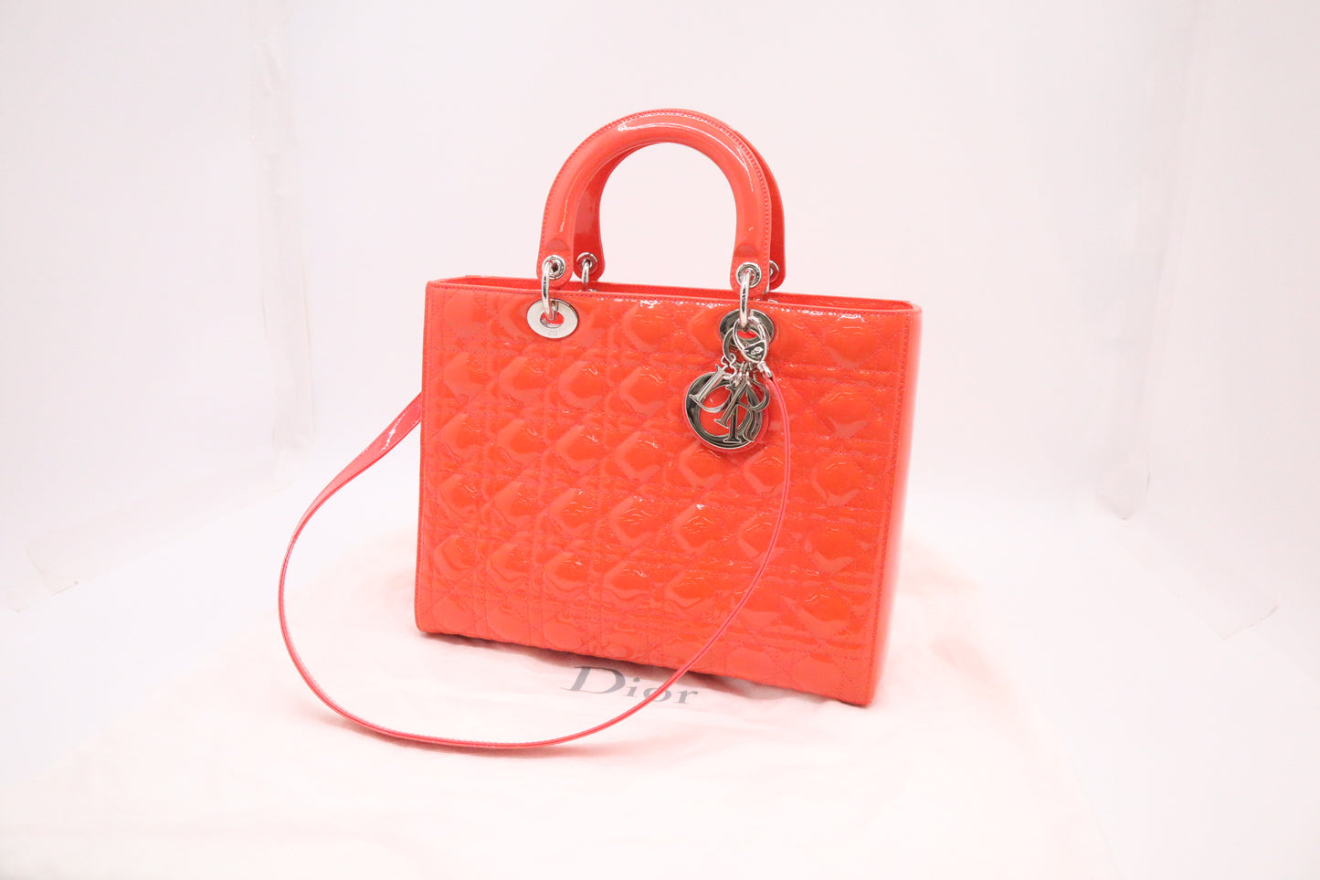 Dior Lady Dior Large in Orange Cannage Patent Leather