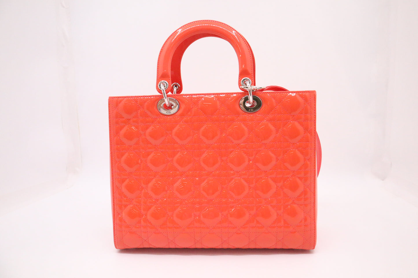 Dior Lady Dior Large in Orange Cannage Patent Leather