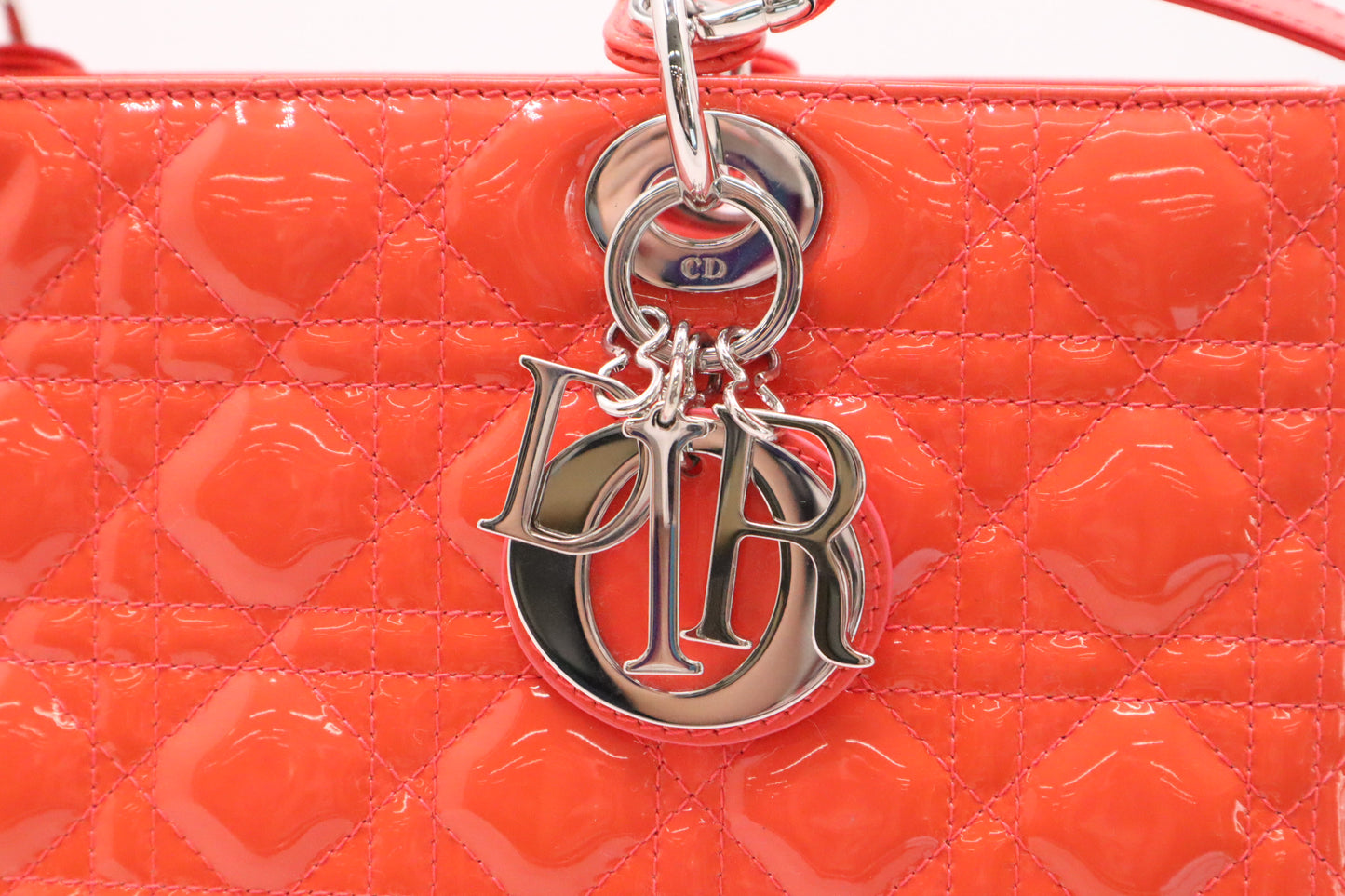 Dior Lady Dior Large in Orange Cannage Patent Leather