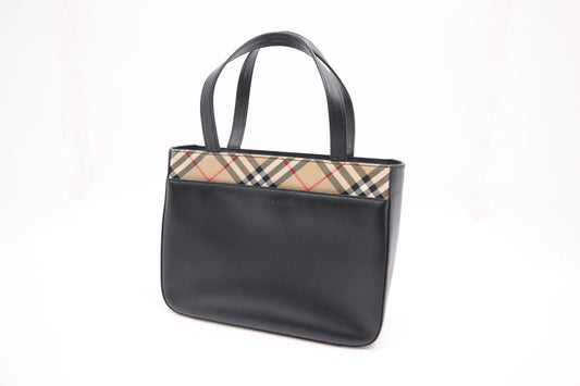 Burberry Handbag in Black Leather and Brown Checked Canvas