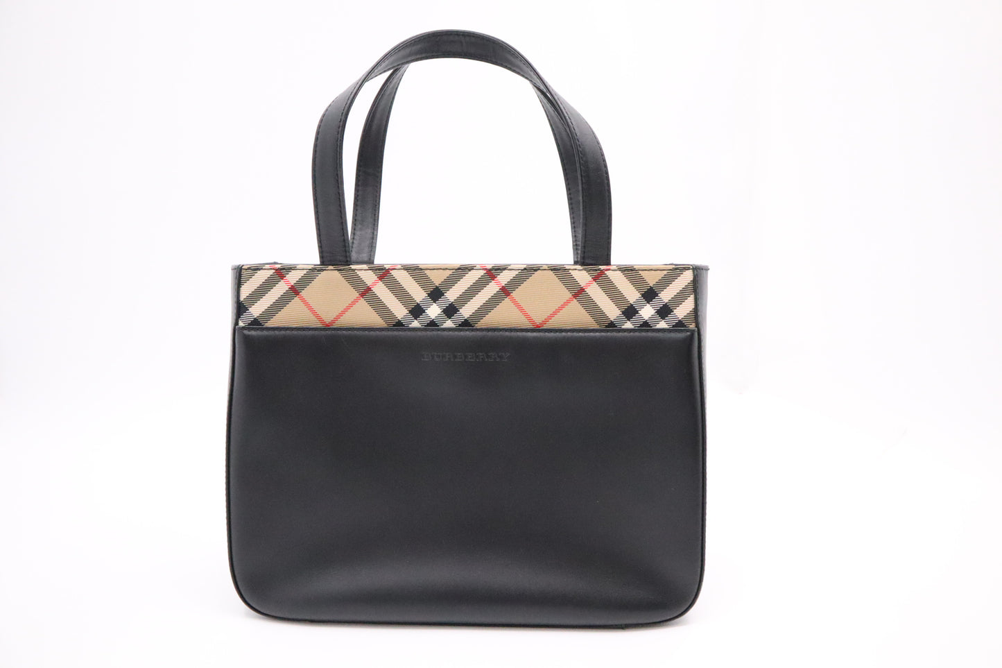 Burberry Handbag in Black Leather and Brown Checked Canvas