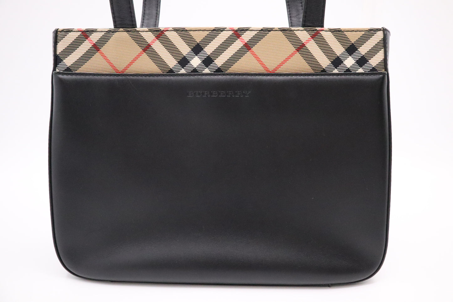 Burberry Handbag in Black Leather and Brown Checked Canvas