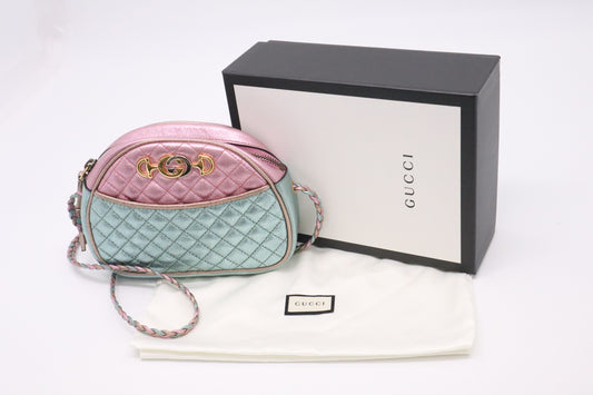 Gucci Mini Trapuntata Zumi Shoulder Bag in Metallic Pink and Blue Leather