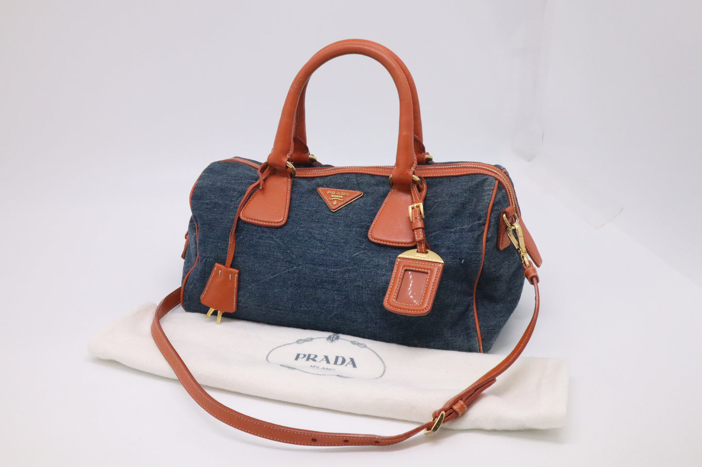 Prada Bauletto Shoulder Bag in Denim and Orange Leather