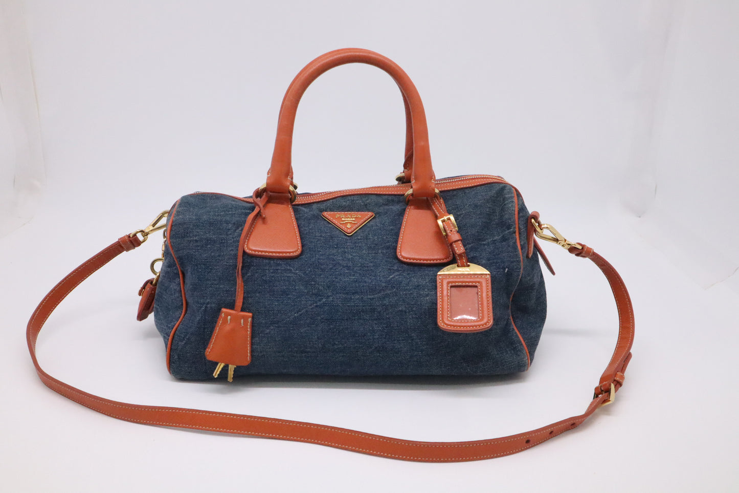 Prada Bauletto Shoulder Bag in Denim and Orange Leather