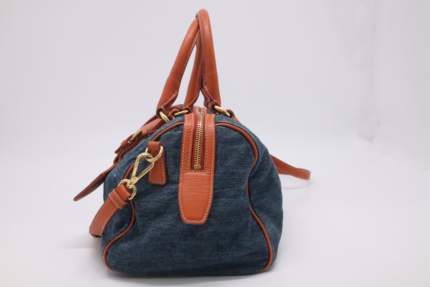 Prada Bauletto Shoulder Bag in Denim and Orange Leather