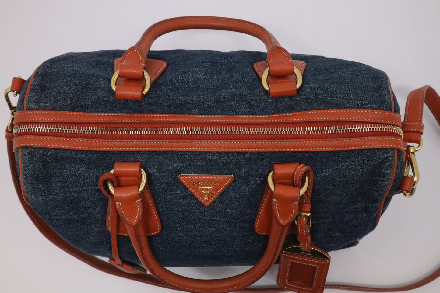 Prada Bauletto Shoulder Bag in Denim and Orange Leather