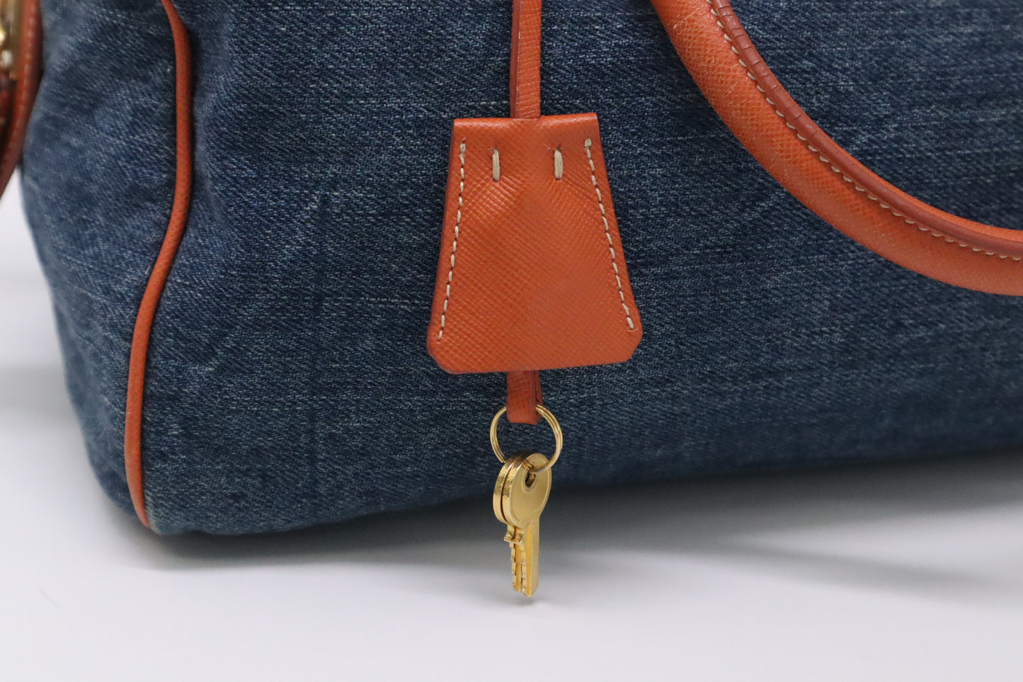 Prada Bauletto Shoulder Bag in Denim and Orange Leather