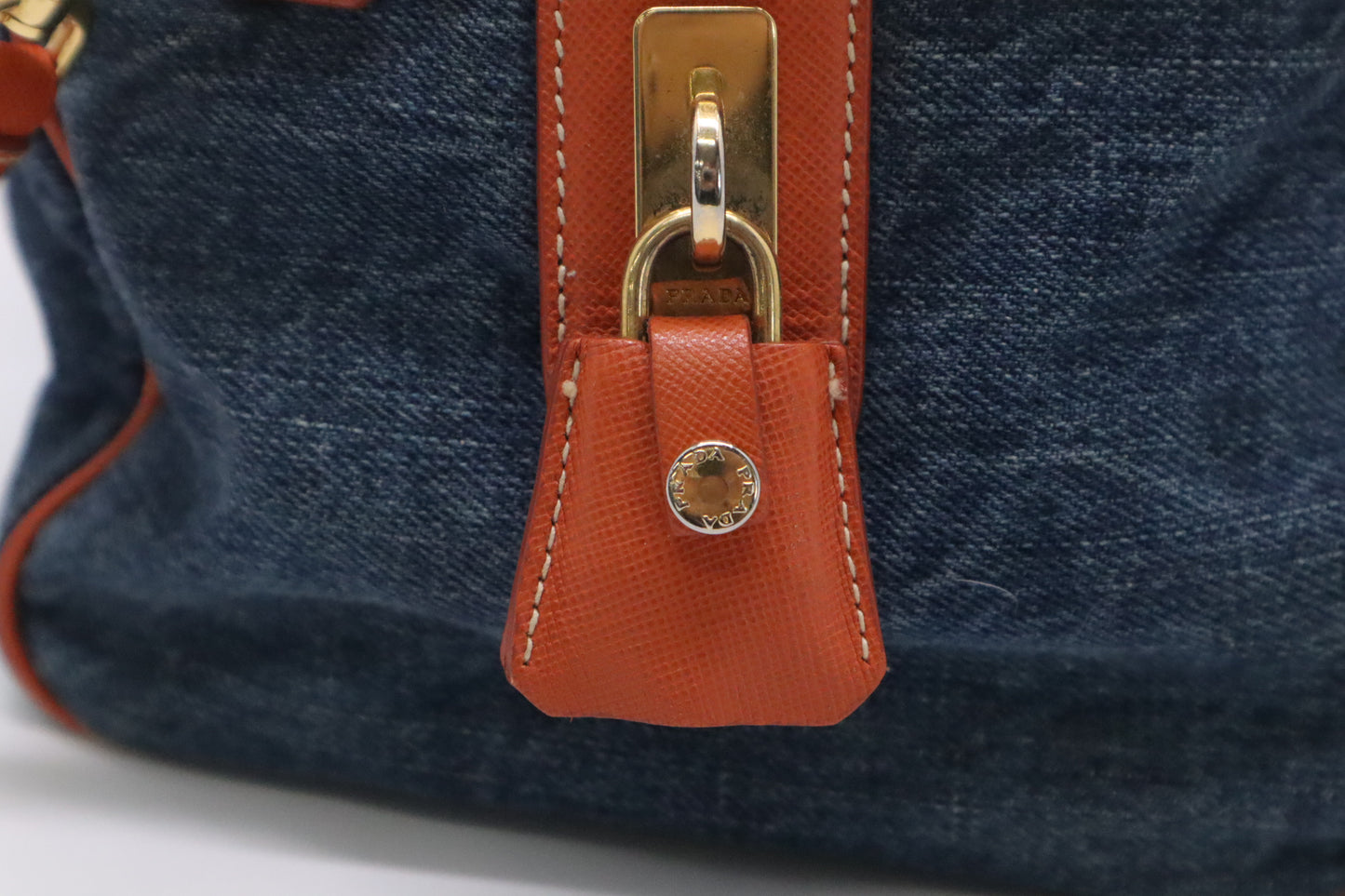 Prada Bauletto Shoulder Bag in Denim and Orange Leather