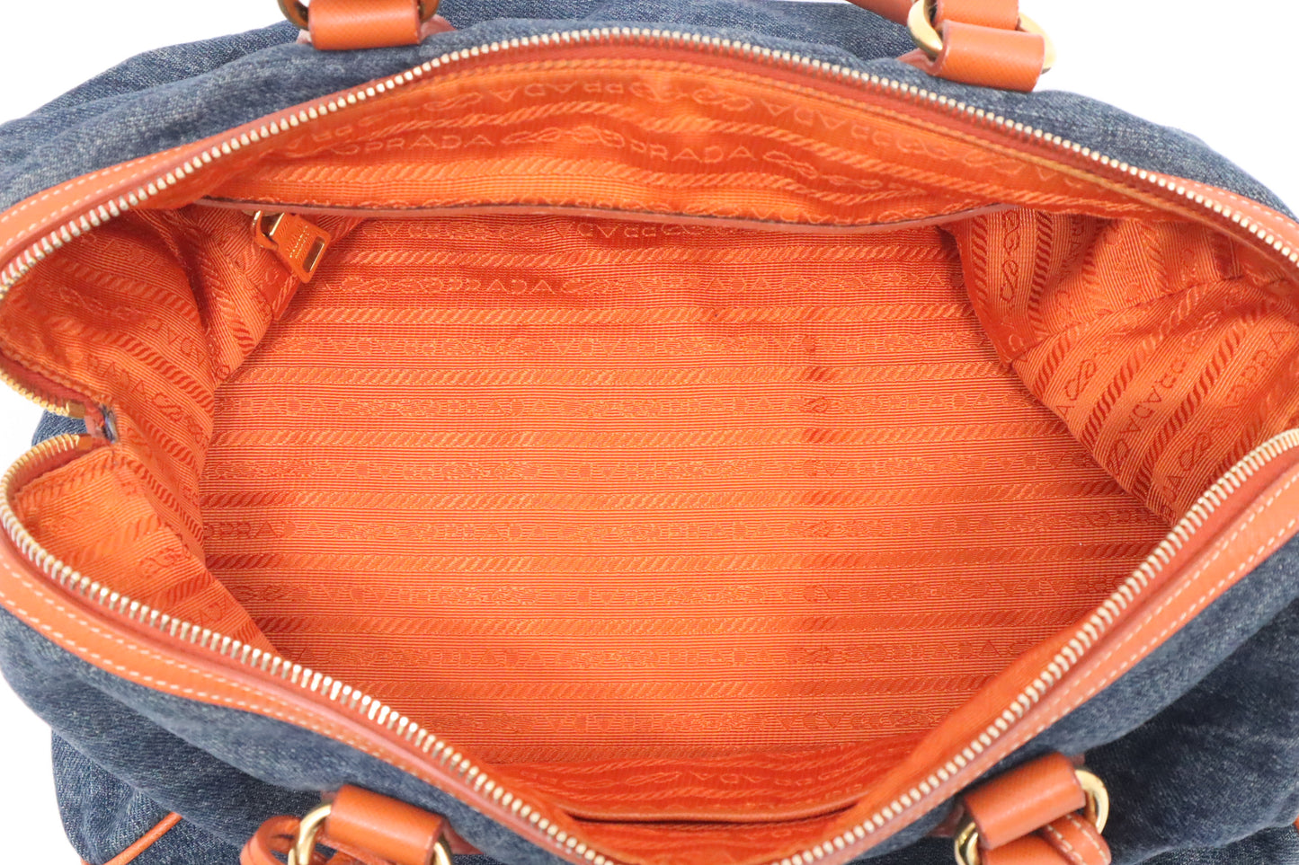 Prada Bauletto Shoulder Bag in Denim and Orange Leather