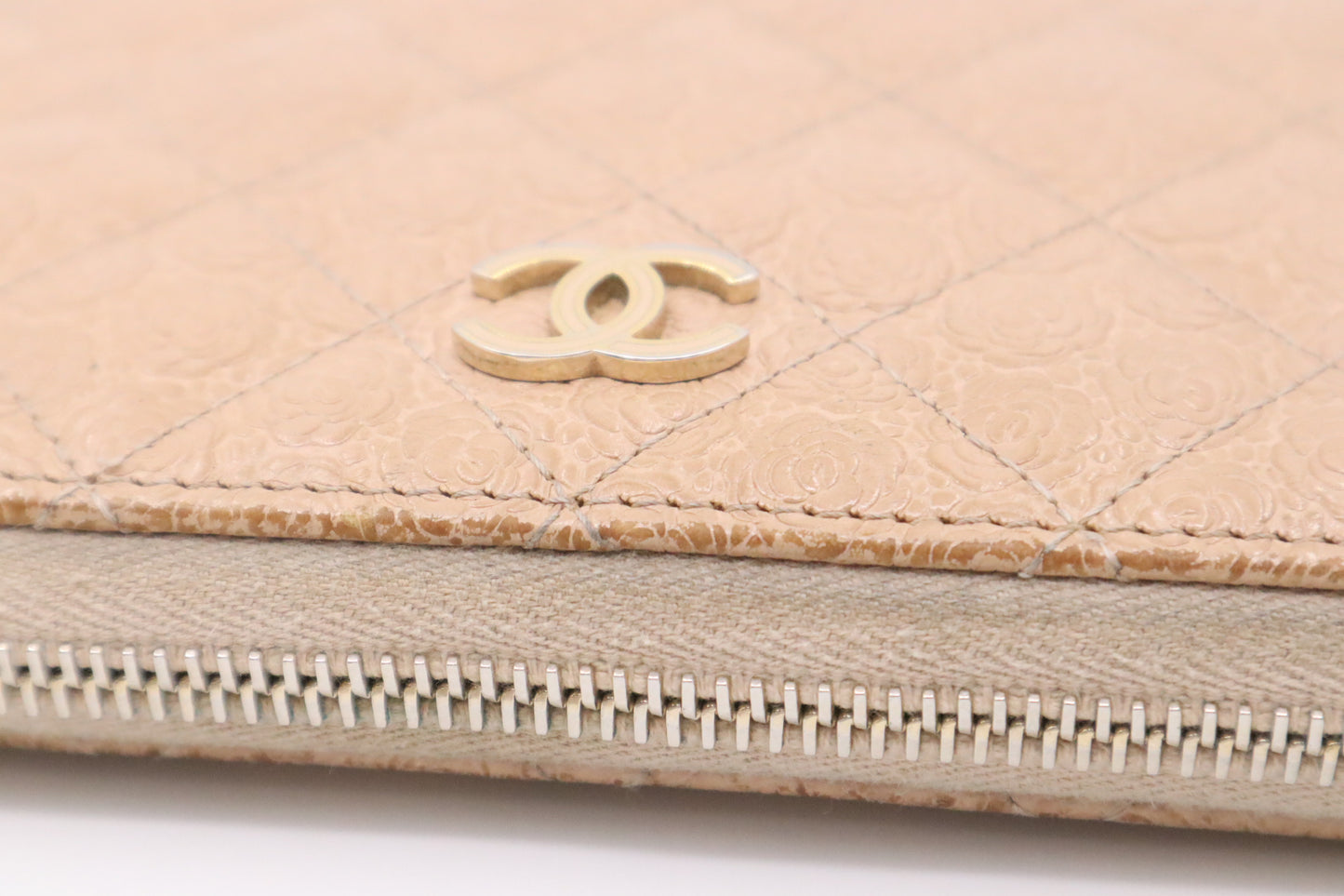 Chanel Long Zippy Wallet in Beige Camelia Matelassé Leather