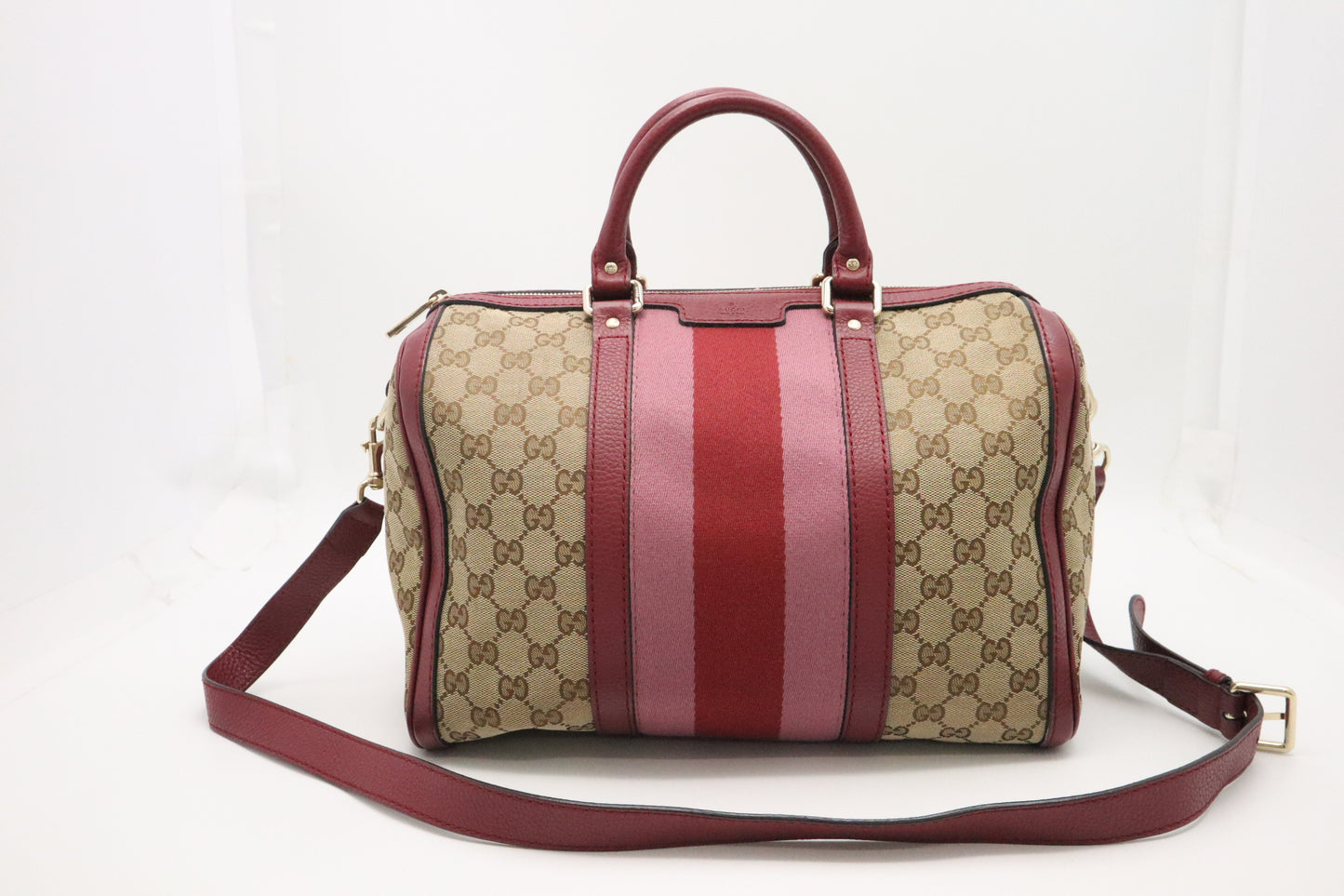 Gucci Boston Bag in Burgundy Leather and Beige GG Canvas