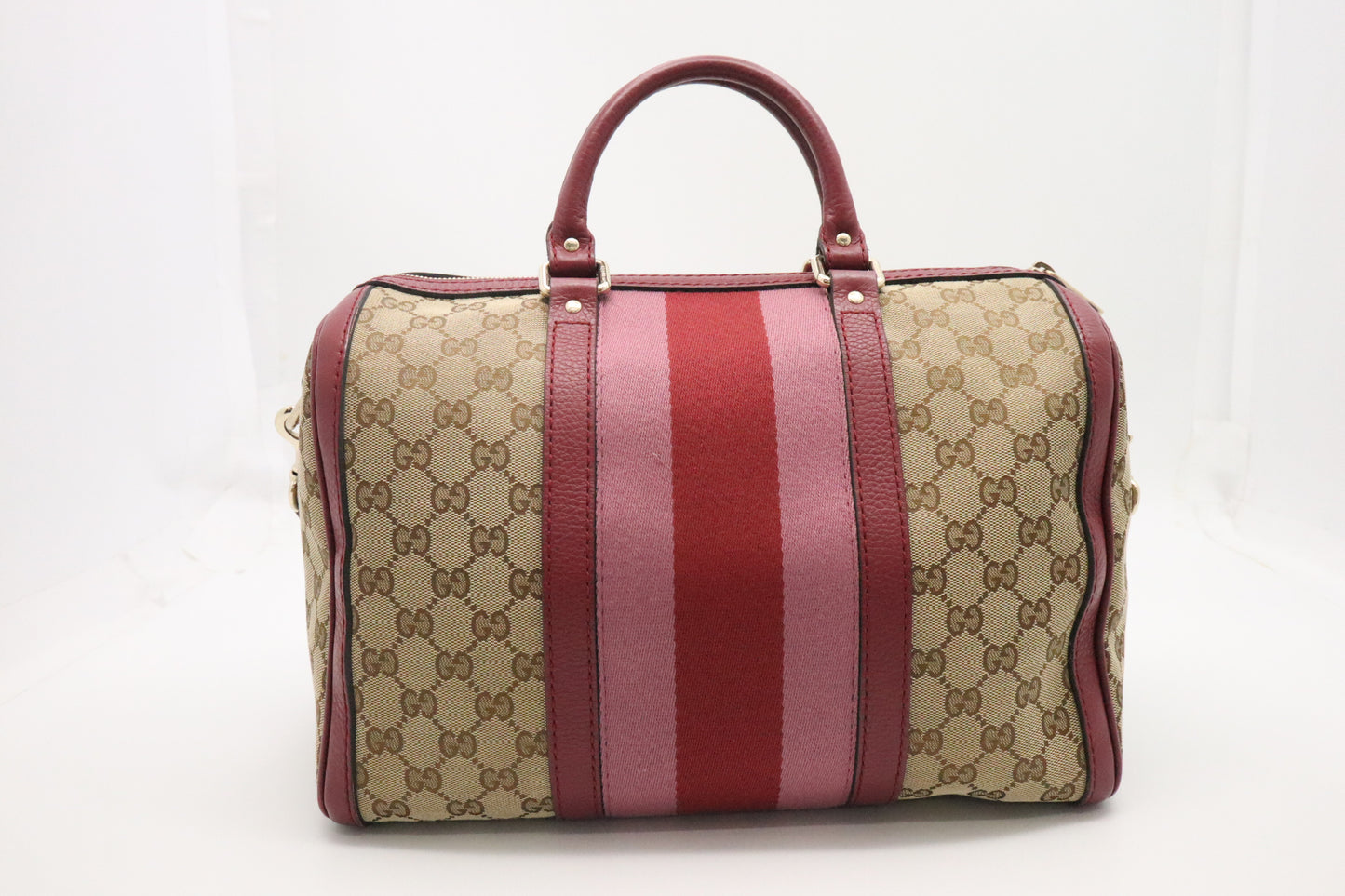 Gucci Boston Bag in Burgundy Leather and Beige GG Canvas