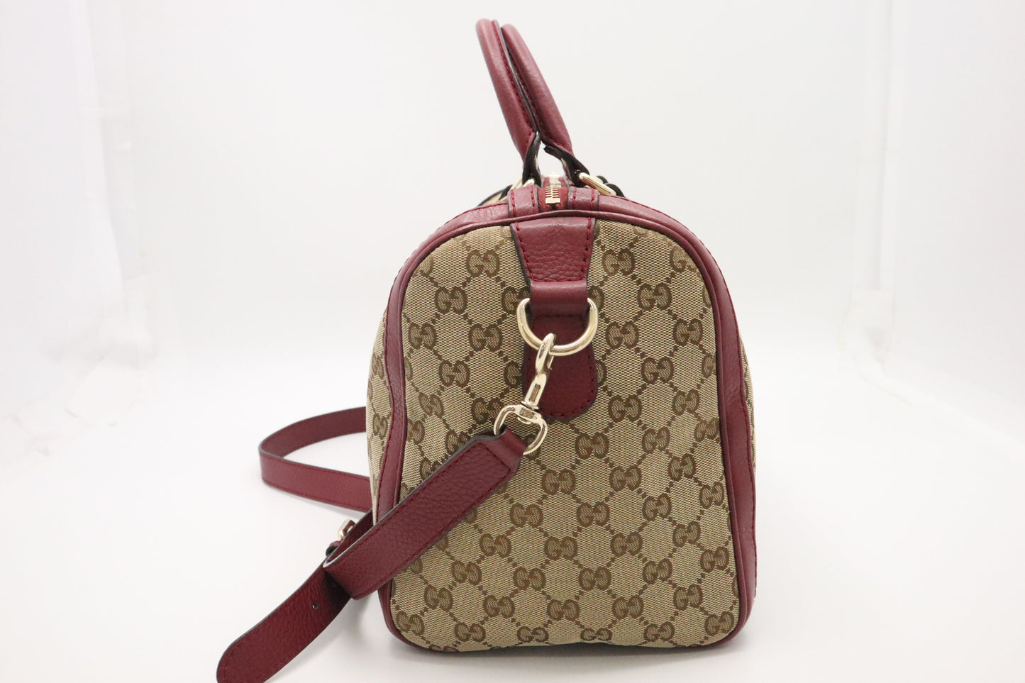 Gucci Boston Bag in Burgundy Leather and Beige GG Canvas