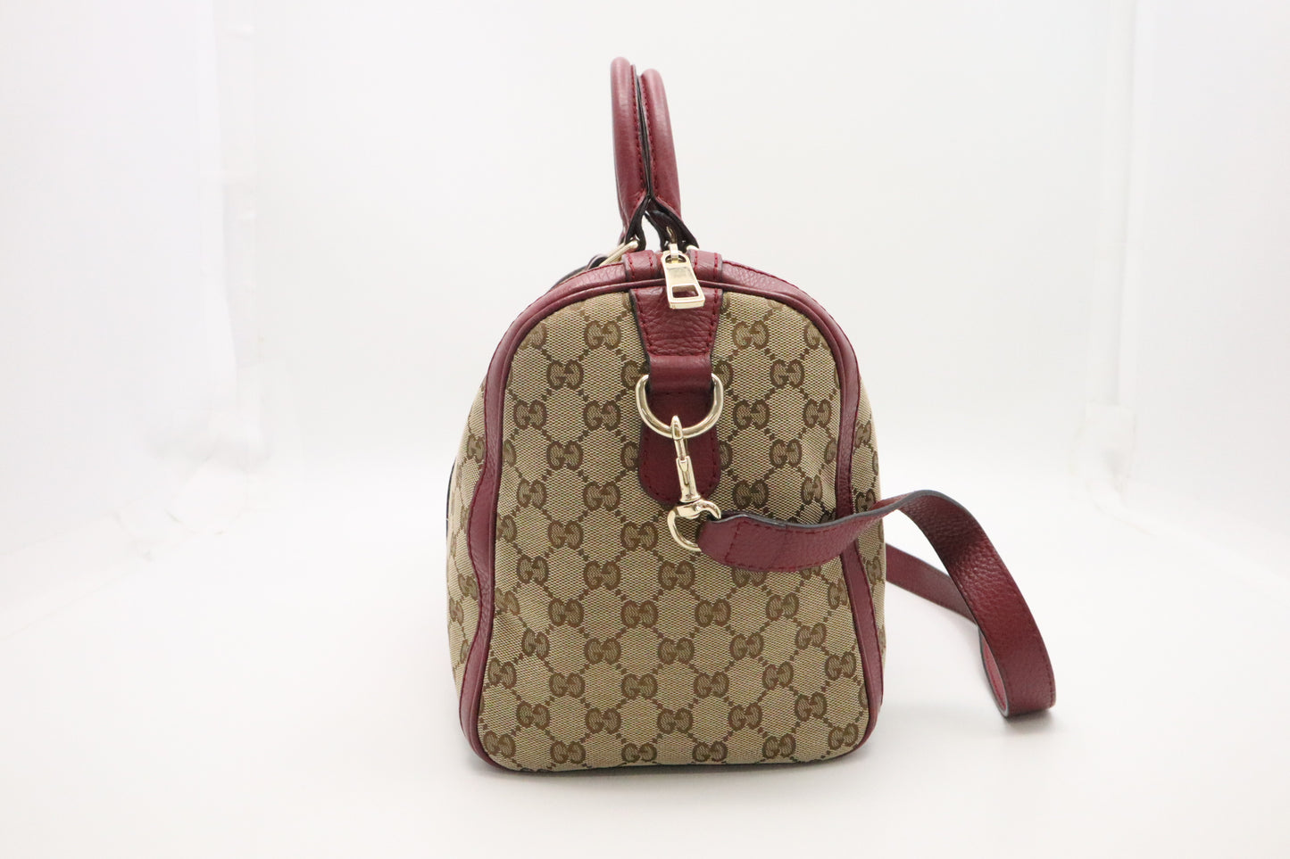 Gucci Boston Bag in Burgundy Leather and Beige GG Canvas