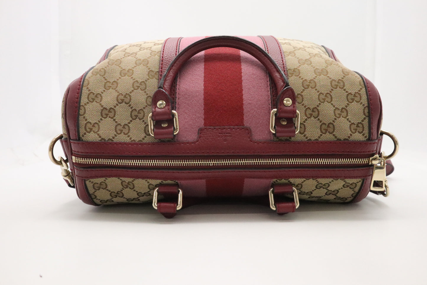 Gucci Boston Bag in Burgundy Leather and Beige GG Canvas