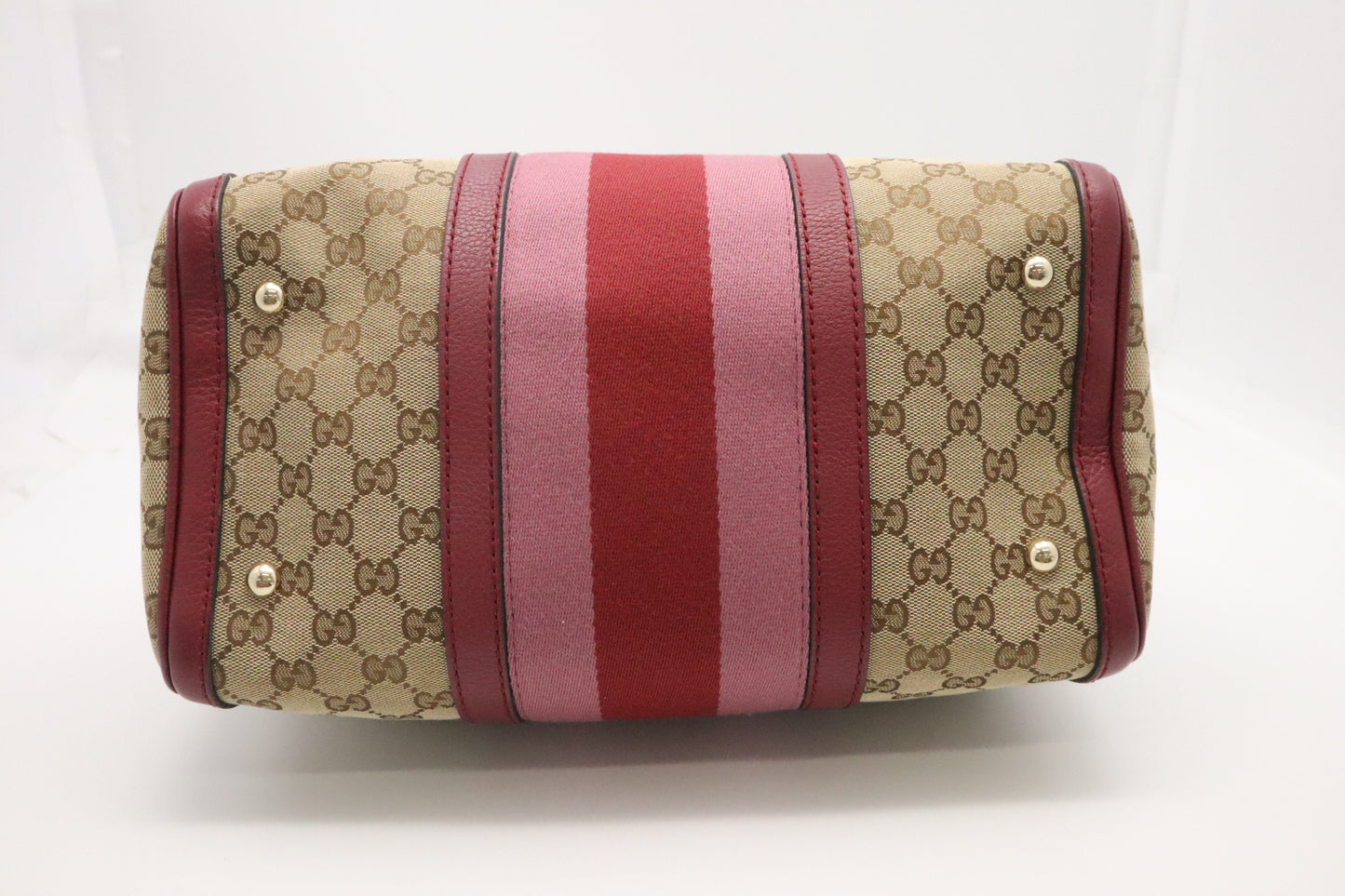 Gucci Boston Bag in Burgundy Leather and Beige GG Canvas