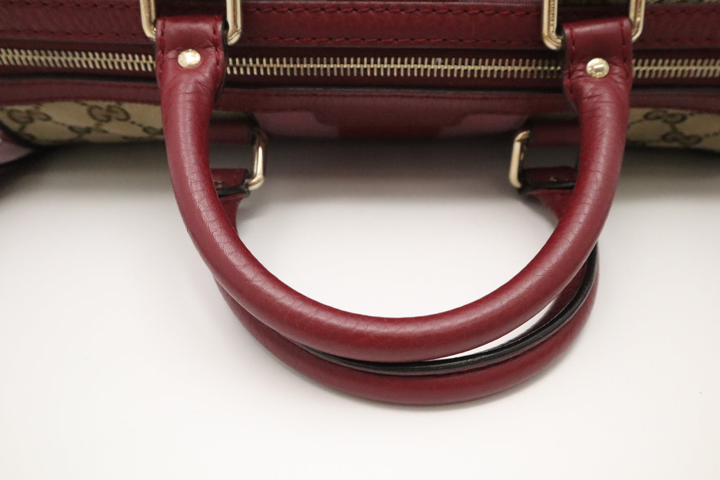 Gucci Boston Bag in Burgundy Leather and Beige GG Canvas