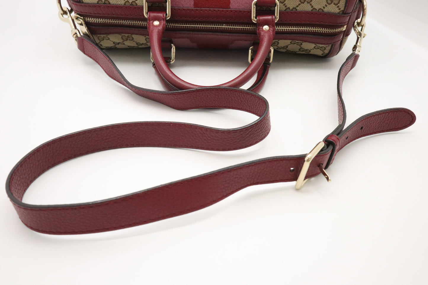 Gucci Boston Bag in Burgundy Leather and Beige GG Canvas