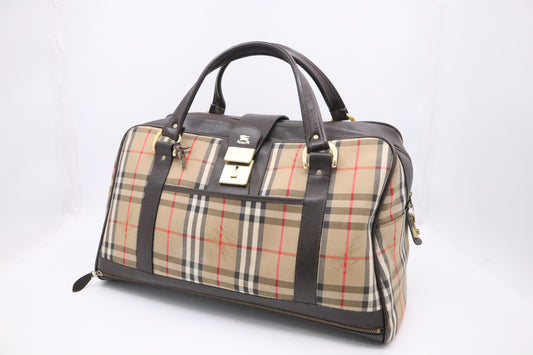 Burberry Duffle Bag with Shoes Compartment in Brown Checked Canvas