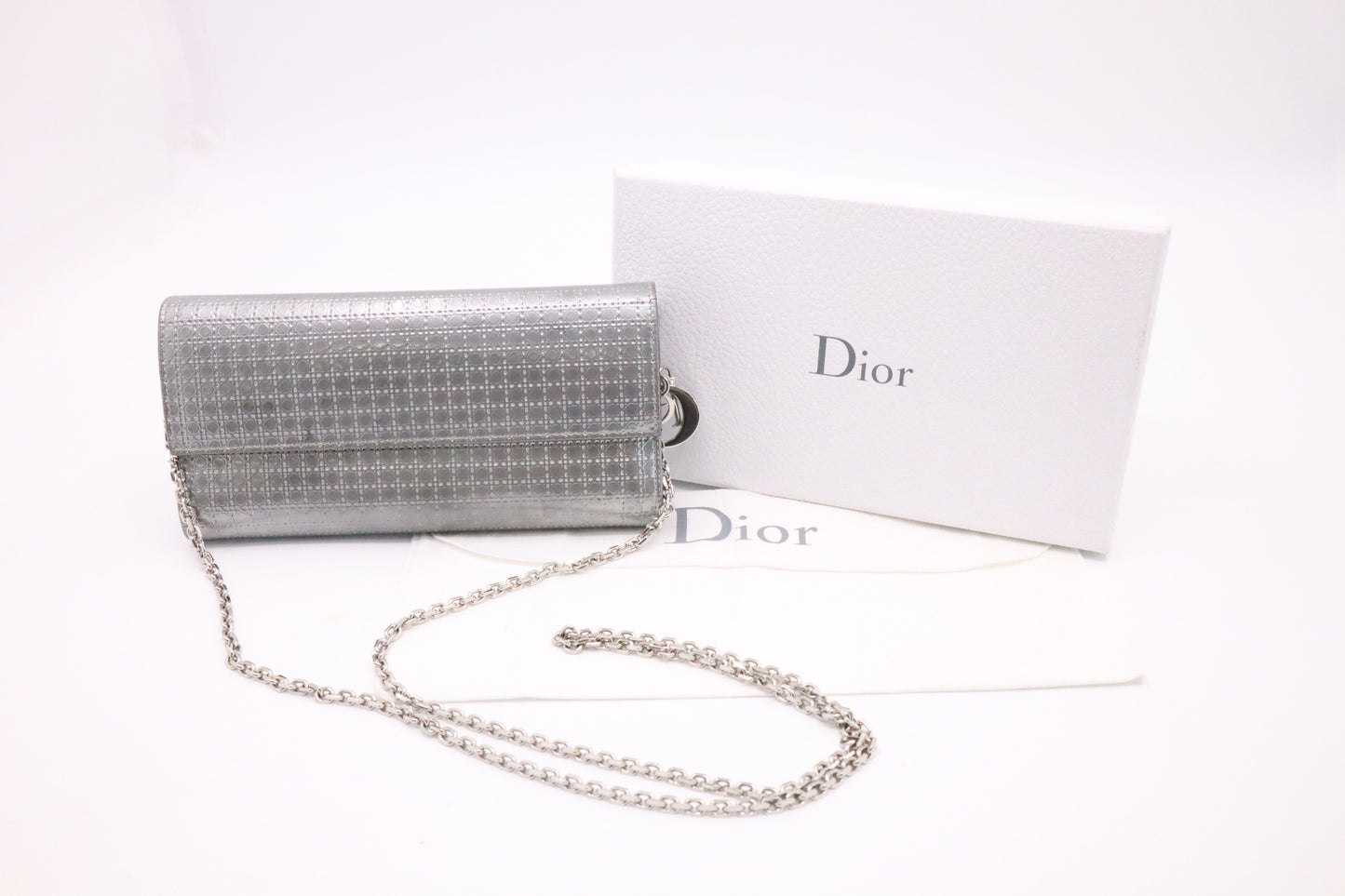 Dior Croisiere Wallet on Chain in Silver Micro-Cannage Patent Leather