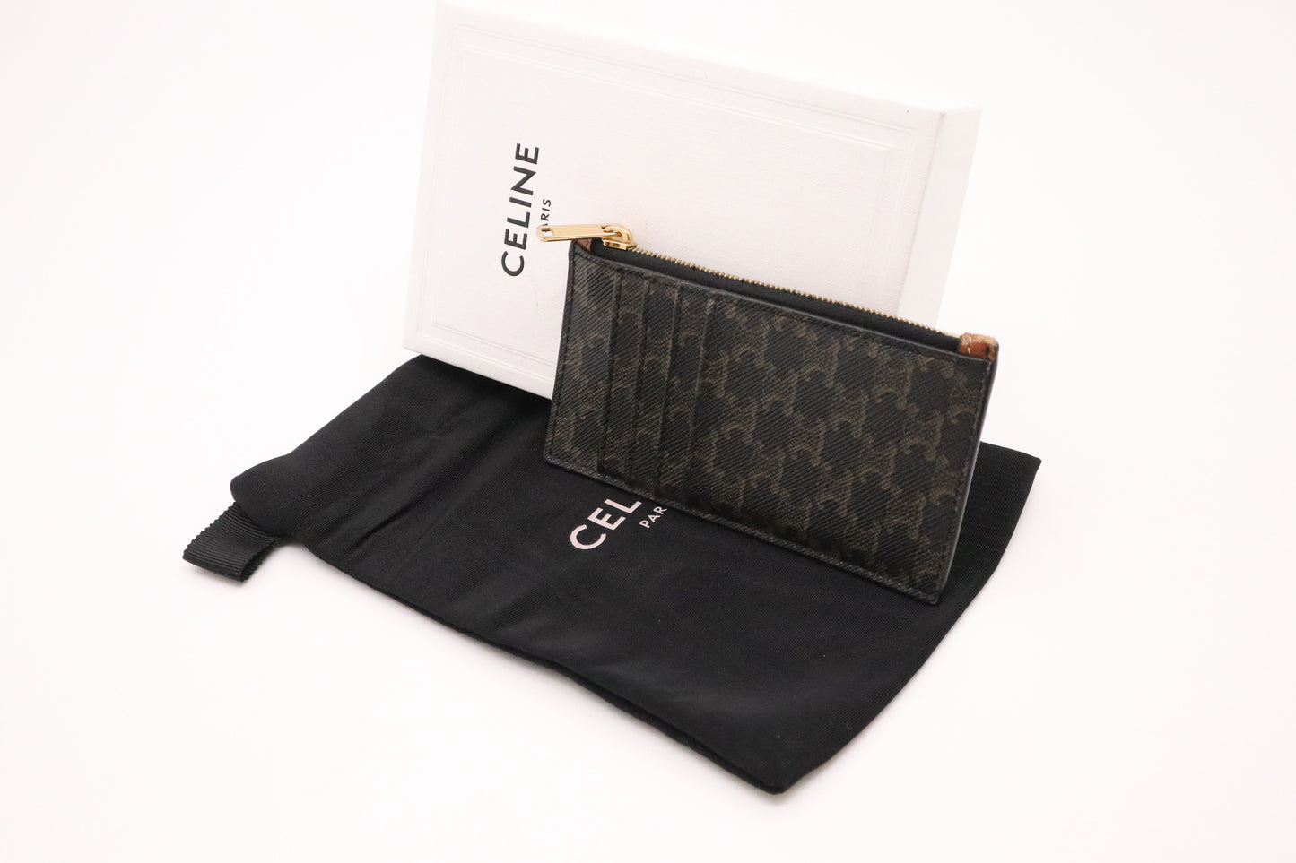 Celine Card Holder in Black Triomphe Canvas and Brown Leather