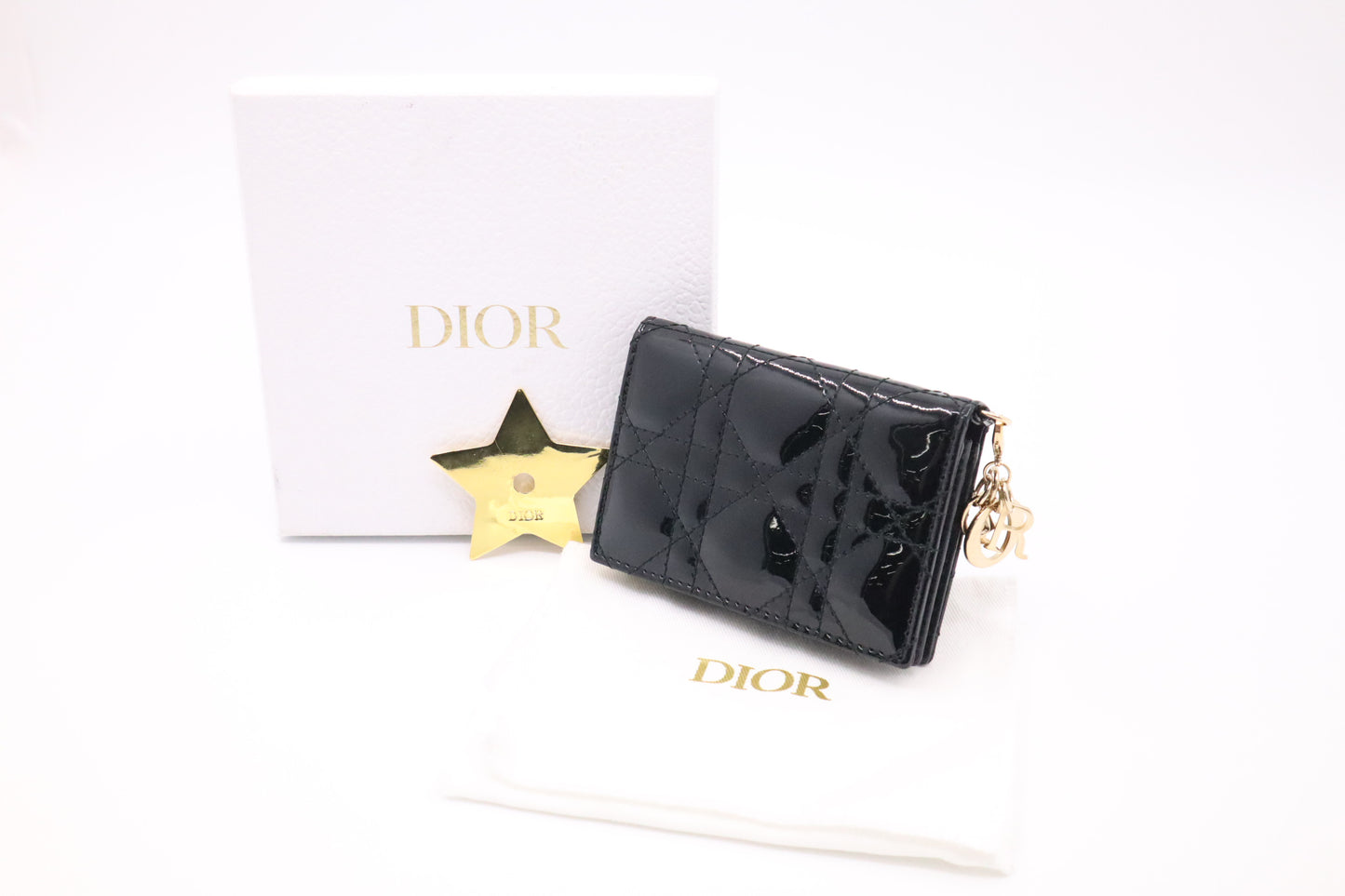 Dior Lady Dior Compact Wallet in Black Patent Cannage Leather