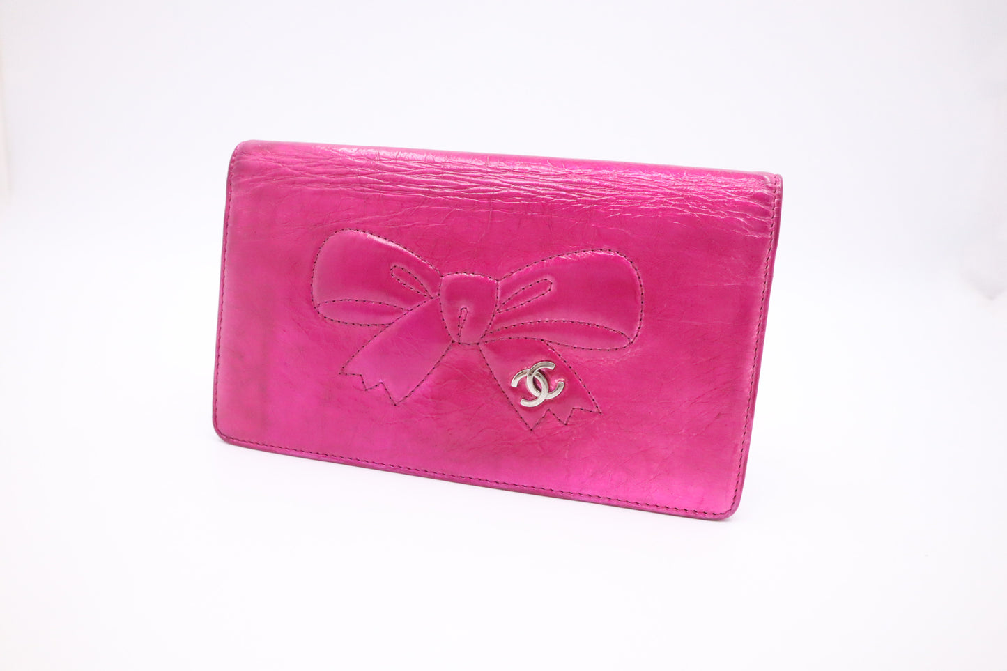 Chanel Bow Long Wallet in Pink Metallic Foil Leather